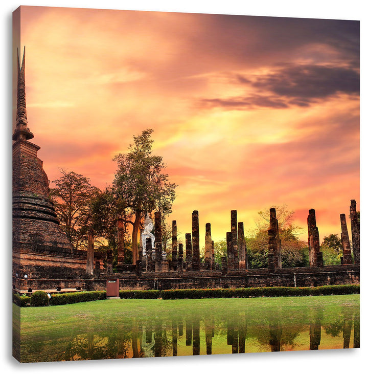 Pixxprint Buddha Tempel im Sonnenuntergang, Format: 70x70 auf Leinwand, 70x70