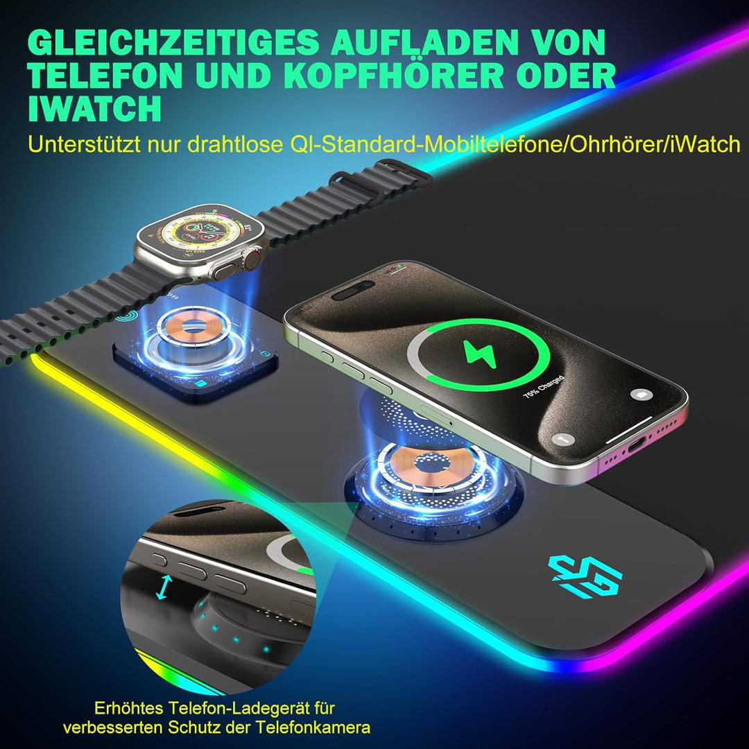 RGB Gaming Mauspad 15W Qi Mousepad LED, 10 Beleuchtungsmodi mit 15W Schnellladung Qi Kabelloses Lade
