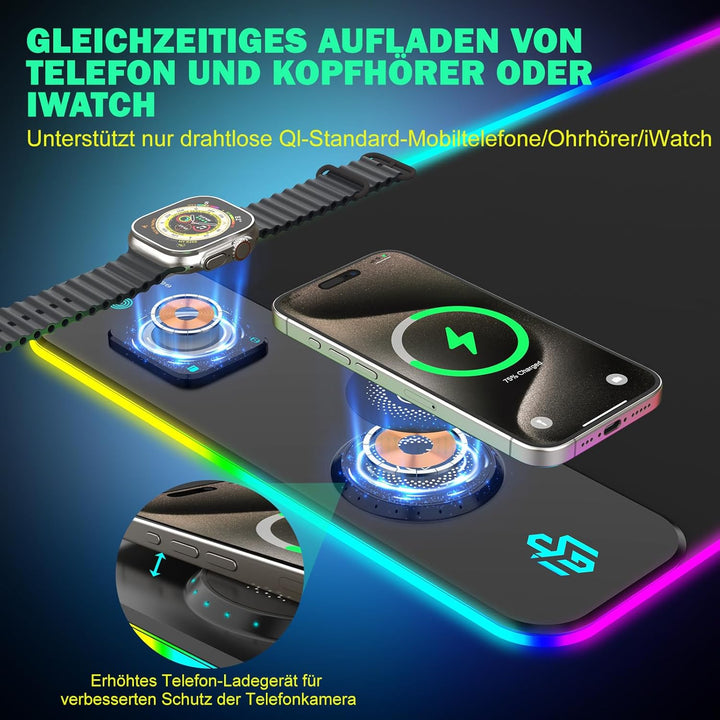 RGB Gaming Mauspad 15W Qi Mousepad LED, 10 Beleuchtungsmodi mit 15W Schnellladung Qi Kabelloses Lade