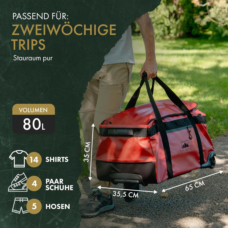BEN NEVIS Reisetasche mit Rollen – 3in1 Tasche, Trolley + Rucksack [Gross 80L - 3,4kg] Travel Bag Re
