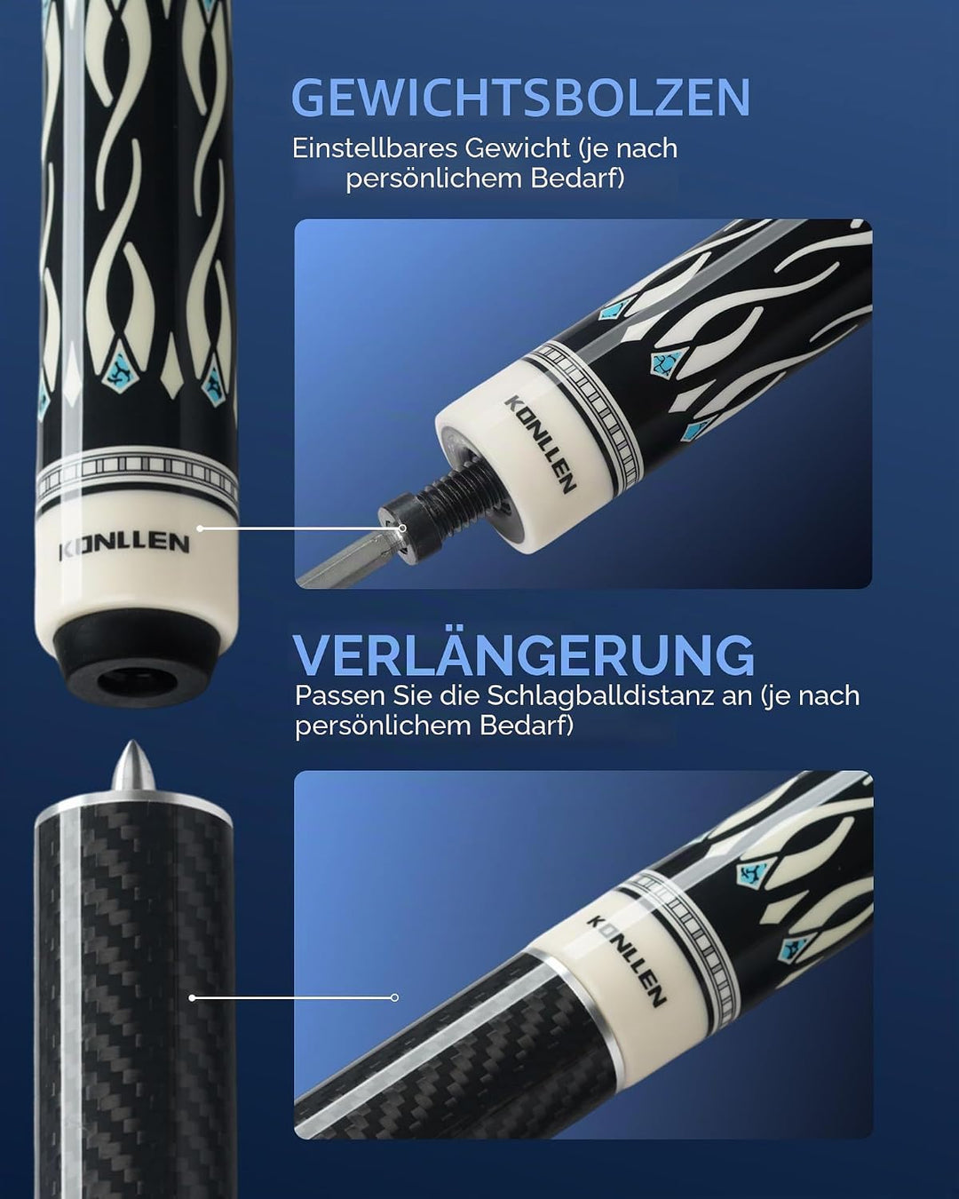 KONLLEN Billardqueue-Stick mit niedriger Ablenkung, mit Verlängerung und Koffer (10,5 mm, 11,5 mm, 1