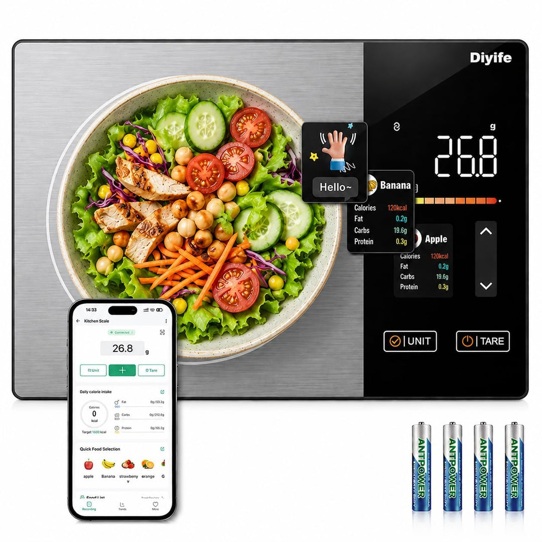 Diyife Smart Küchenwaage mit Kalorienzähler, Farbigem TFT-Display Lebensmittelwaage, APP-Kompatibel