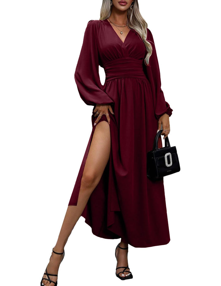 Damen Kleid 2.0 Elegant Langarm V-Ausschnit Tunika Maxikleider Casual Hohe Taille Saumschlitz Cockta