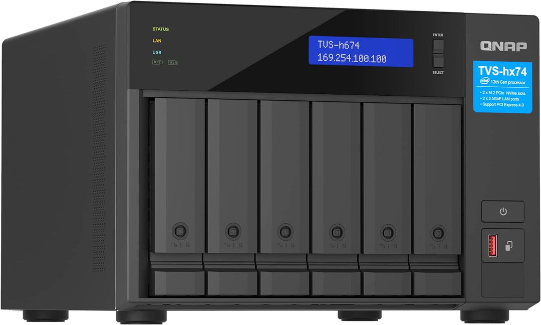 Qnap TVS-h674-i3-16G Intel Core i3 Prozessor, 16 GB RAM, PCIe Gen 4, Schwarz, 6 Bay
