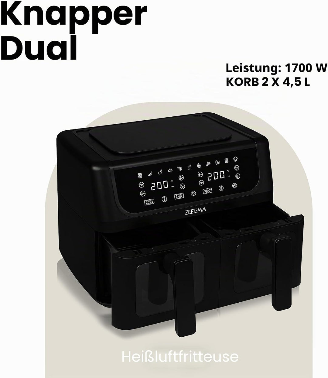 ZEEGMA KNAPPER DUAL Heissluftfritteuse 1700 W, 2 Fächer, 9 L Fassungsvermögen, Timer bis zu 60 Min.,