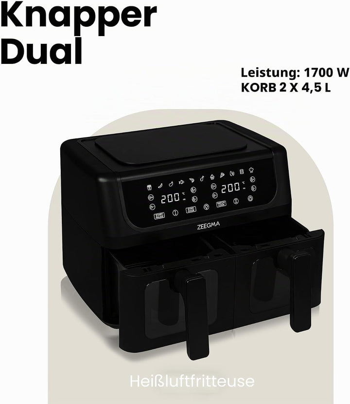 ZEEGMA KNAPPER DUAL Heissluftfritteuse 1700 W, 2 Fächer, 9 L Fassungsvermögen, Timer bis zu 60 Min.,