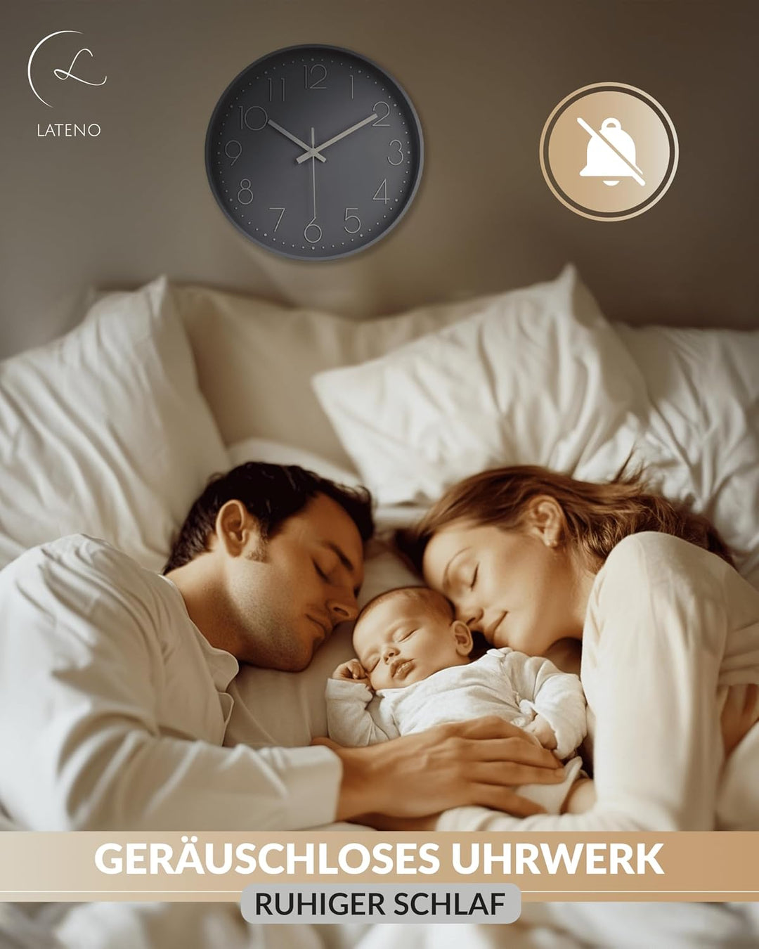 LATENO - Wanduhr Grau - Zum Aufstellen oder Aufhängen - 20 cm - Lautlos - Klassisch und Modern - Qua