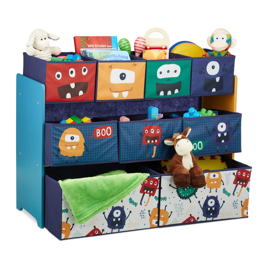 Relaxdays Kinderregal mit 9 Stoffboxen, Monster Design, HxBxT: 70 x 92,5 30 cm, Spielzeugregal fürs