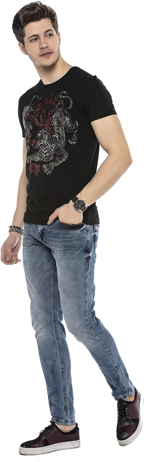Cipo & Baxx Herren Jeans Hose Klassich Regular Fit Acid Waschung Five-Pocket Design Jeanshose Blau W