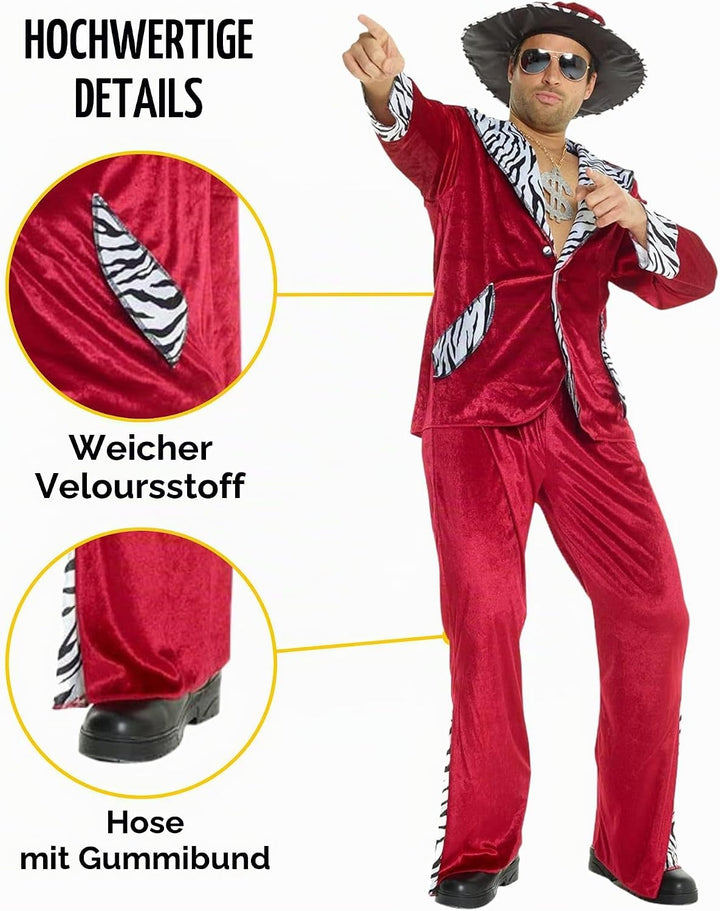 Morph Rotes Pimp Kostüm für Herren, 70er Jahre Outfit, Perfekt für Vegas und Halloween XL, XL