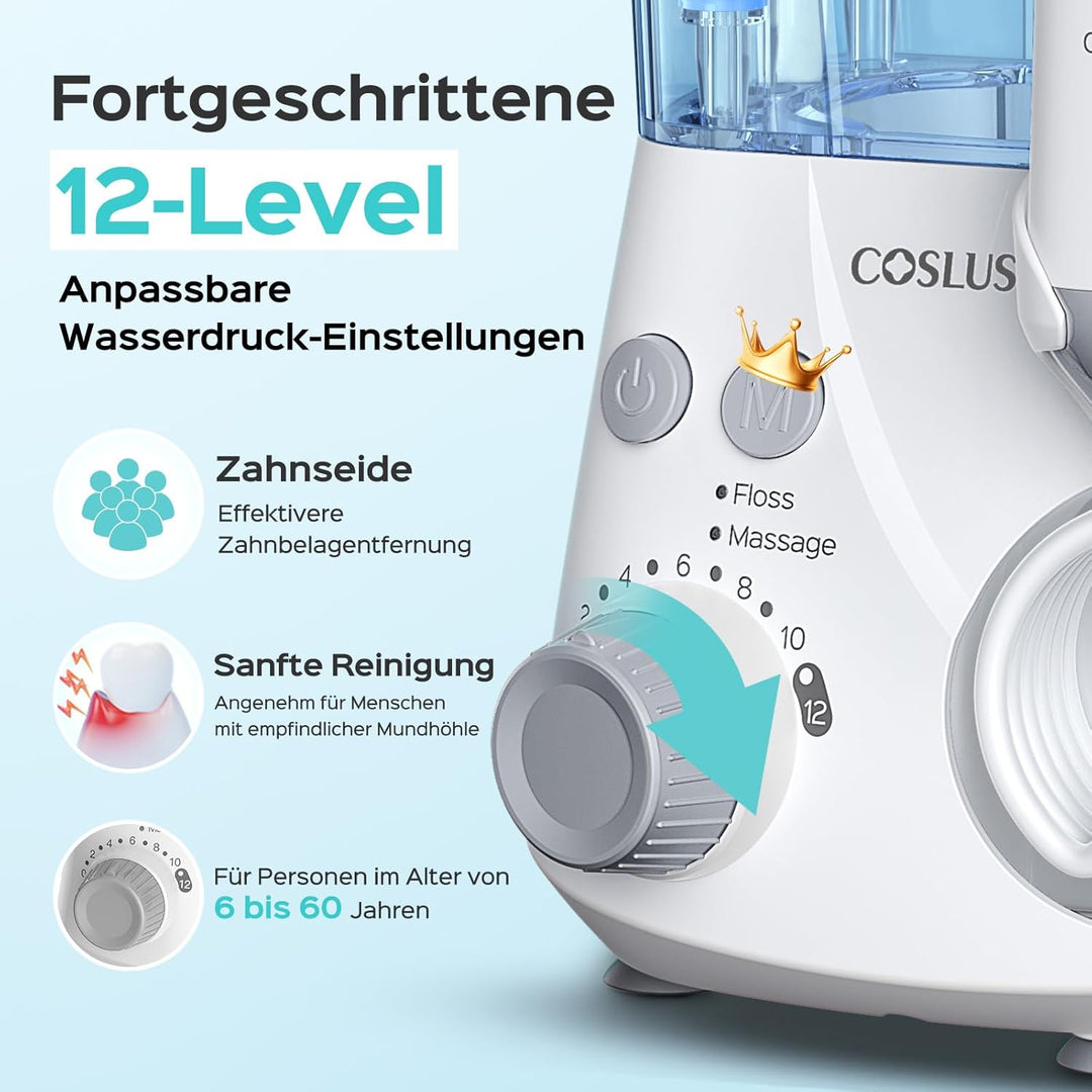 COSLUS Munddusche Elektrisch Professional Zähne: 2 Modi & 12 Druckstufen – 600ml Wassertank Zahndusc