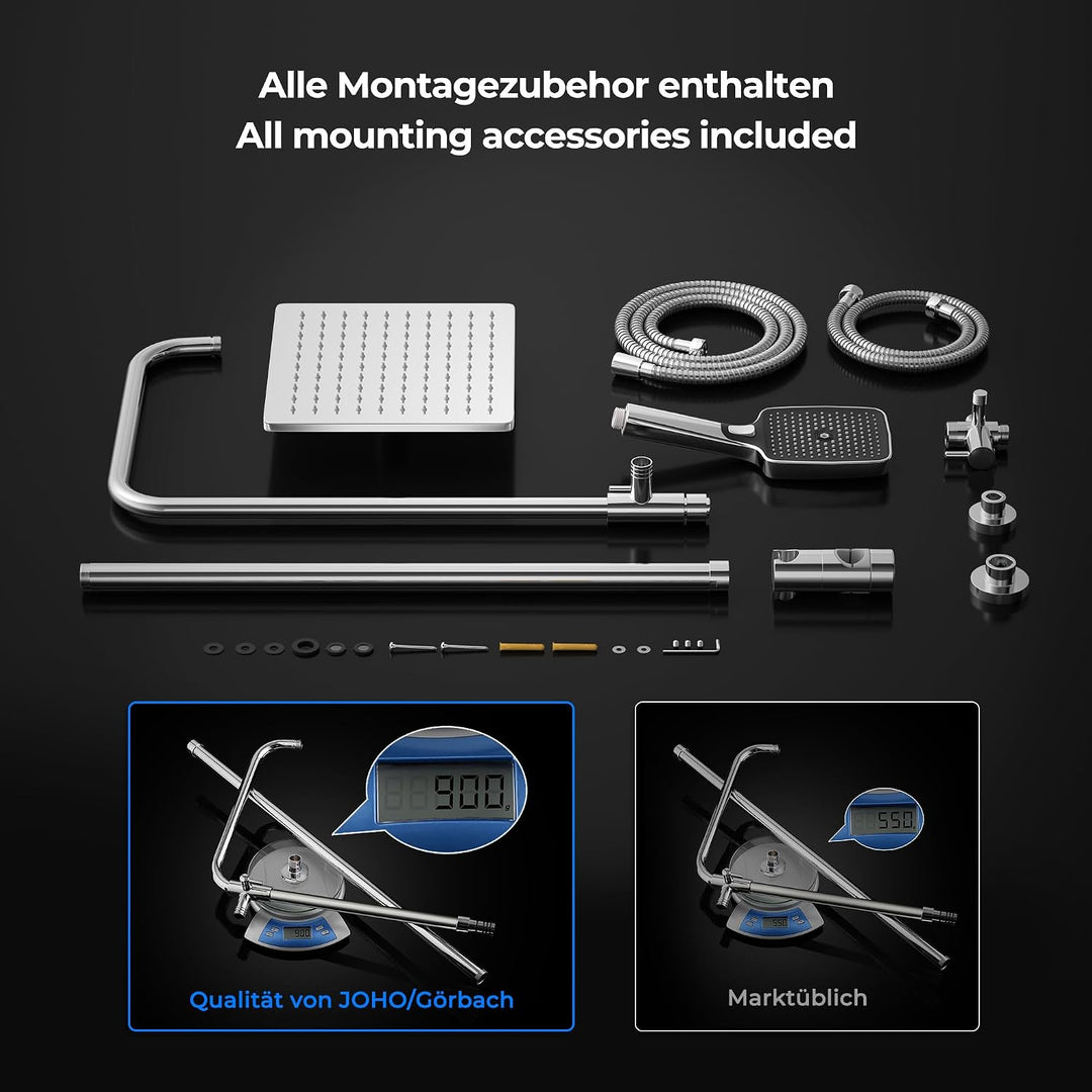 JOHO Edelstahl Duschsystem ohne Armatur, Regendusche Duschset Wassersparend mit Kopfbrause 20x20 cm