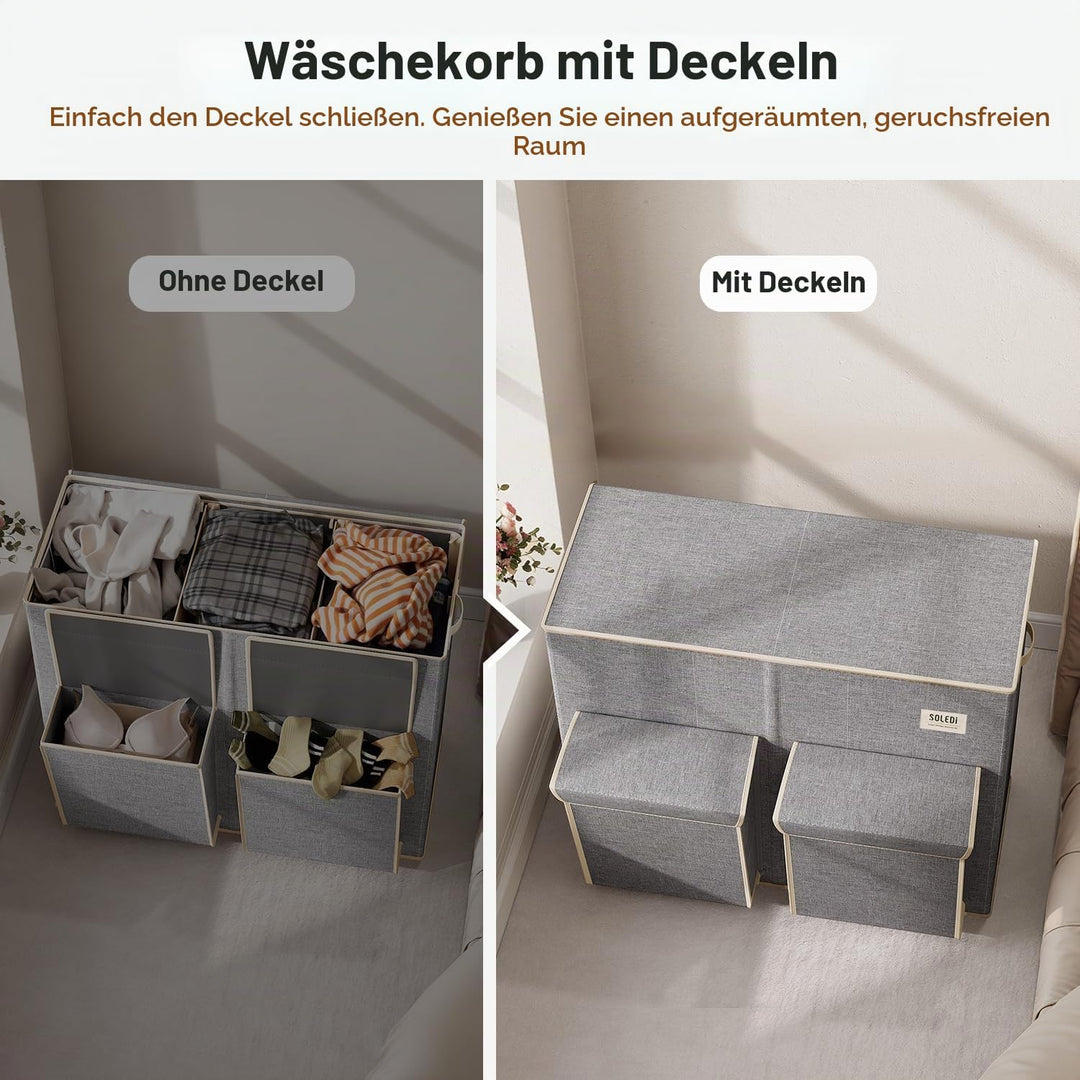 SOLEDI 220L Wäschekorb mit Deckel, Wäschesammler 3 Fächer mit 2 Seitentaschen, Laundr Baskets mit 3