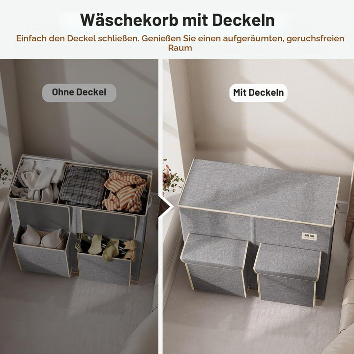 SOLEDI 220L Wäschekorb mit Deckel, Wäschesammler 3 Fächer mit 2 Seitentaschen, Laundr Baskets mit 3