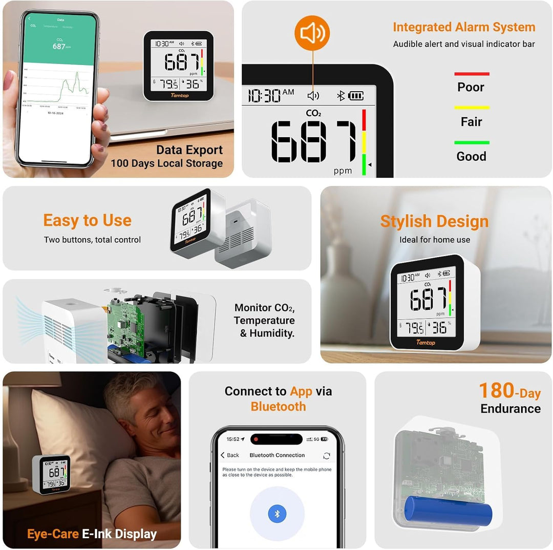 Temtop CO2 Bluetooth Messgerät Raumluft Mit App-Verbindung, Echtzeit CO2 Überwachung, Temperatur & L