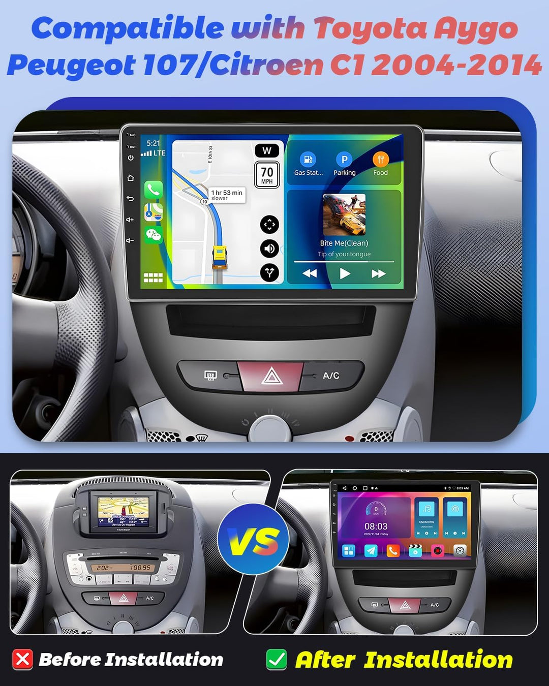 Hikity 2+64GB Android 15 Autoradio für Toyota Aygo/Peugeot 107/Citroen C1 2004-2014 Radio Wireless C