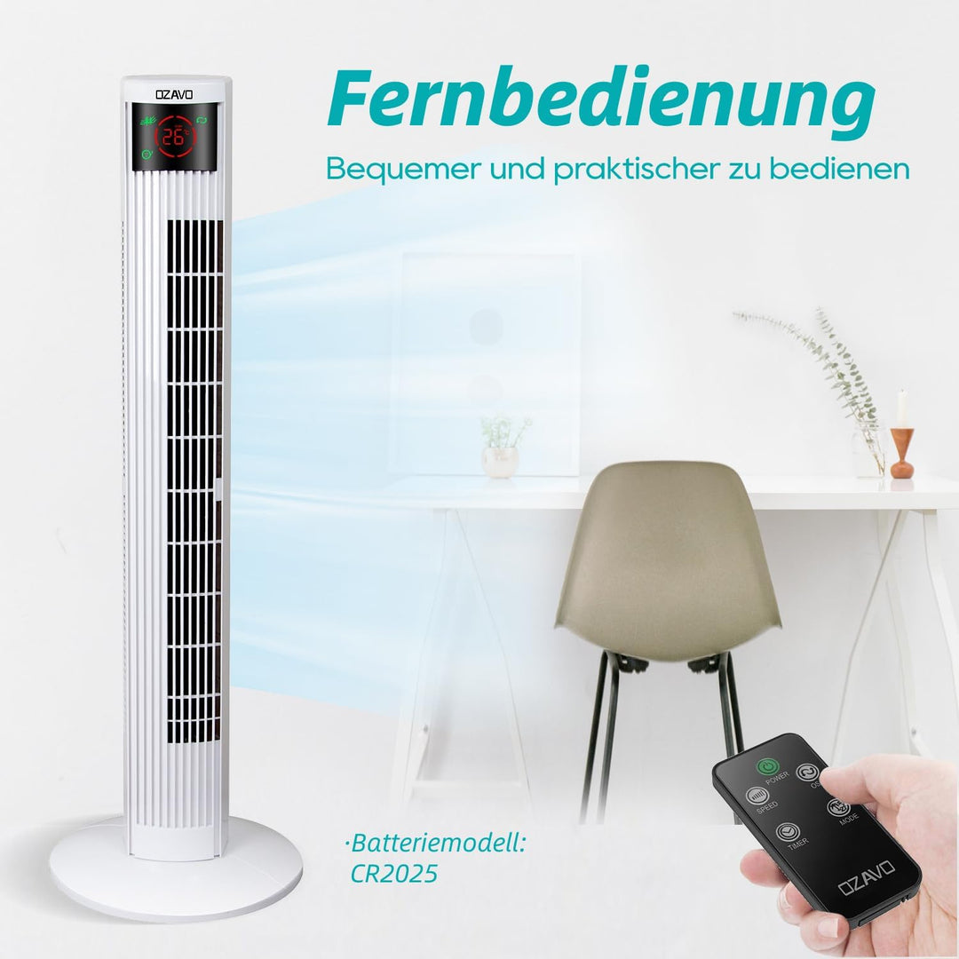 OZAVO Turmventilator mit Fernbedienung | Touchscreen | 3 Stufen | 3 Modi | 12h Timer | 70° Osziliere