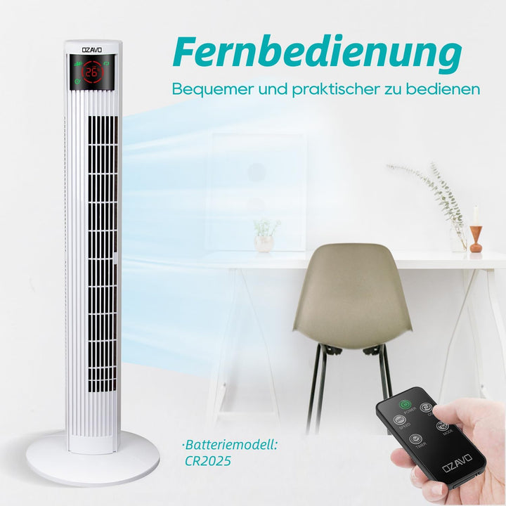 OZAVO Turmventilator mit Fernbedienung | Touchscreen | 3 Stufen | 3 Modi | 12h Timer | 70° Osziliere
