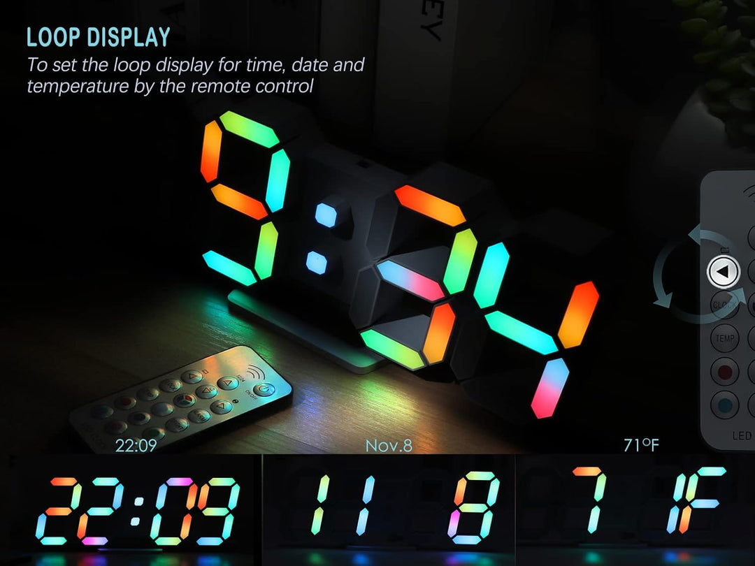 KOSUMOSU Wanduhr, Neon-Digitaluhr, 3D-LED-Schreibtischuhr, grosses Display, 24.6 cm, RGB-Uhr, ästhet