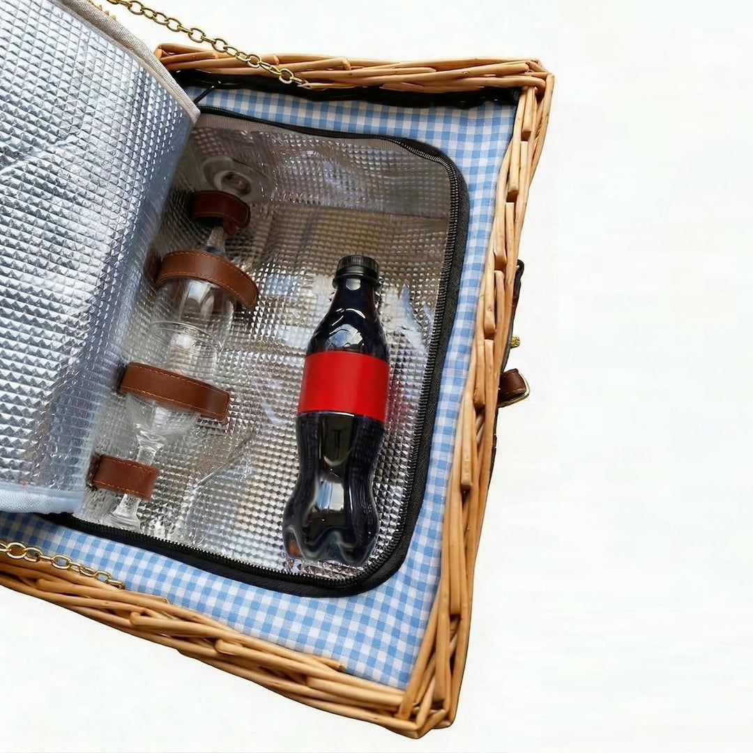 eGenuss Handgefertigtes Picknickkorb für 2 Personen – Kühlfach, Multifunktionsmesser, Edelstahlbeste
