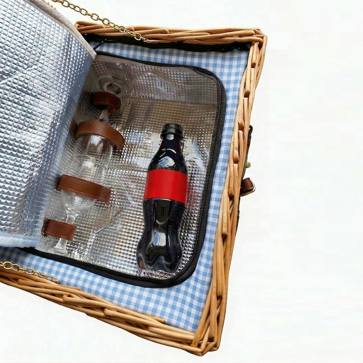 eGenuss Handgefertigtes Picknickkorb für 2 Personen – Kühlfach, Multifunktionsmesser, Edelstahlbeste