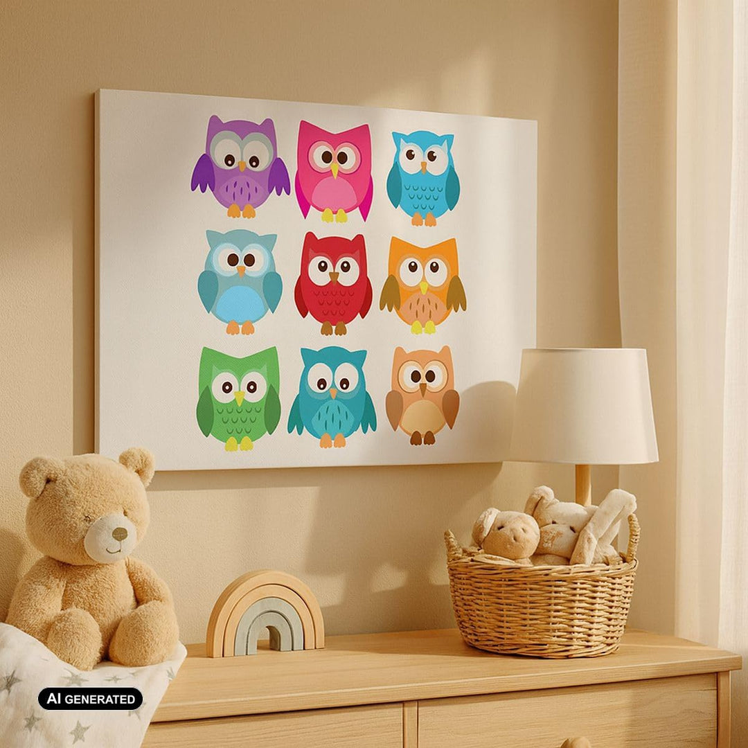 Bilder auf Leinwand Eulen Bunt Kinder Zeichnung Leinwandbild 70x50cm Wandbilder Dekoration Wohnzimme