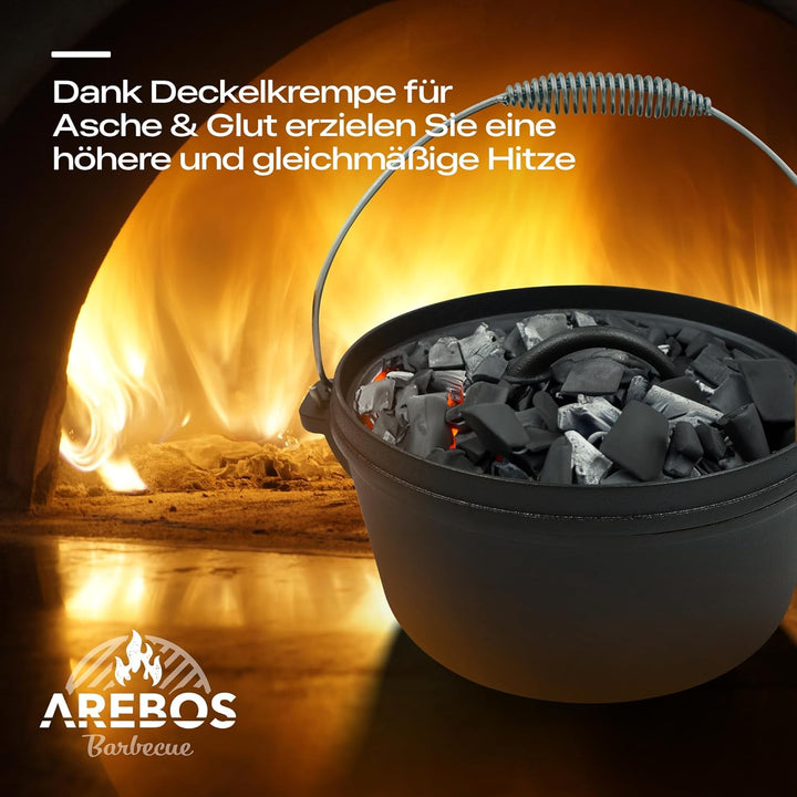 Arebos Dutch Oven Set 9-teilig | Gusseisen BBQ Set mit Grillplatte, Feuertopf, Pfanne, Deckelheber,