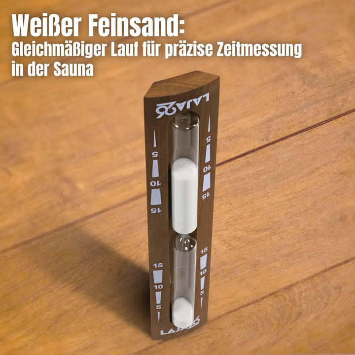 LaJa26 Sauna Sanduhr "Konkav" weisser Sand - FSC Espenholz - Drehgestell aus Holz zur Montage an der