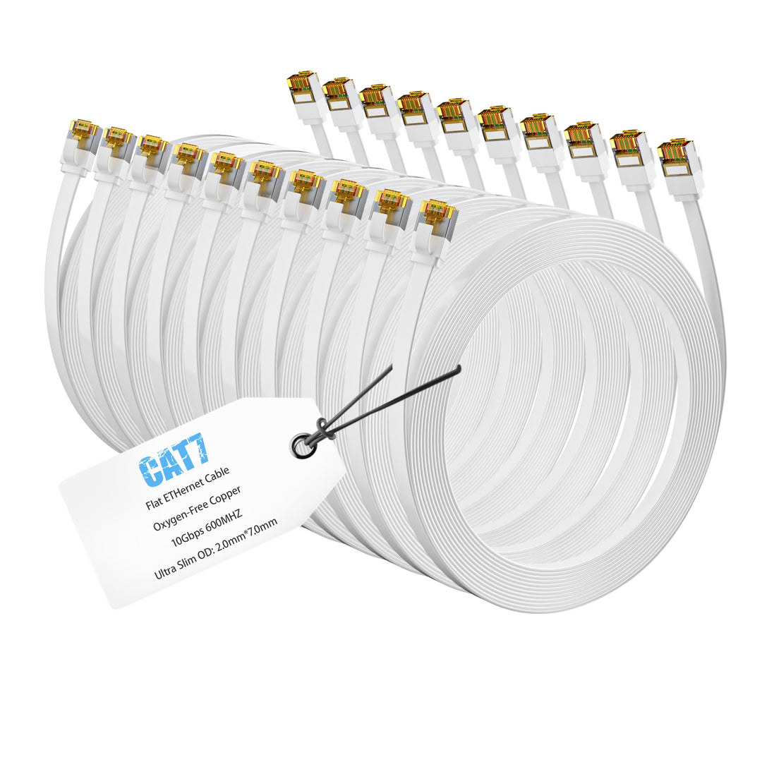 10er Pack 1.5m Cat7 Flach-Dünn Ethernetkabel Weiss, 10 Gbit/s 600 MHz FTP, POE-fähig LAN-Kabel mit R