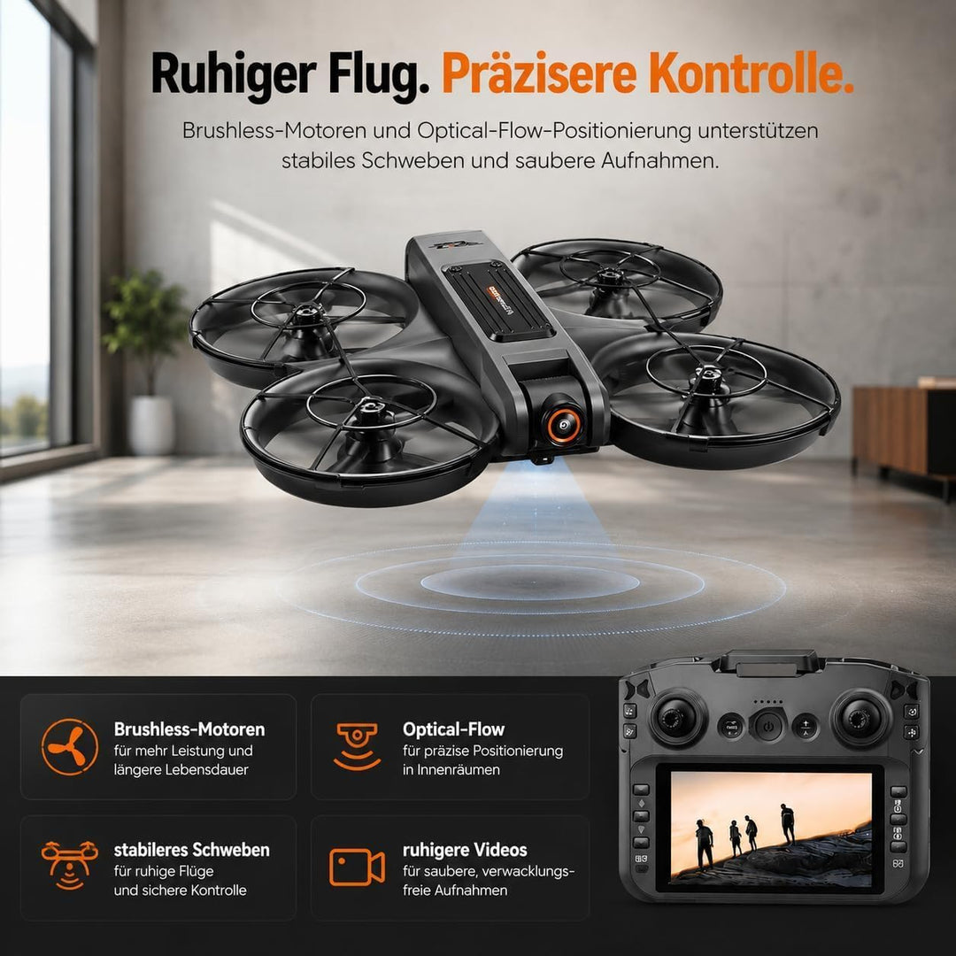 RC Drohne mit HD Dual Kamera, Display Fernbedienung, Brushless Motor, 90° Kamera, FPV Livebild, Opti
