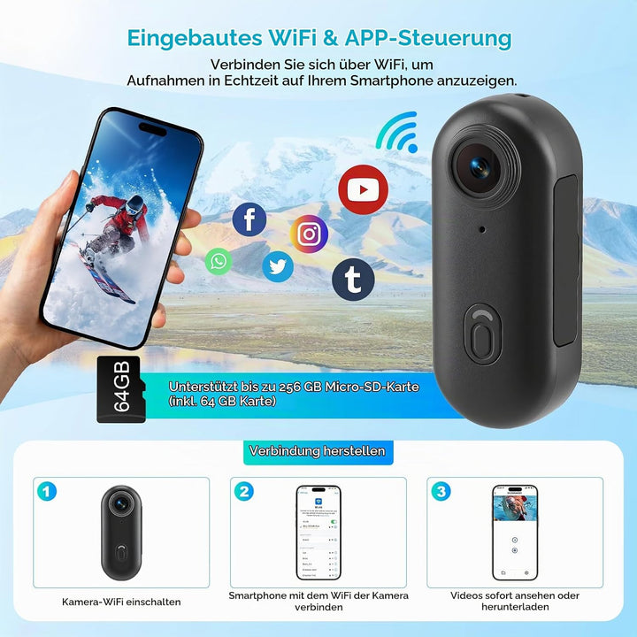 Multifunctional Mini Action Cam WiFi, 4K Bodycam körperkamera,Actionkamera mit 64 GB Speicherkarte,