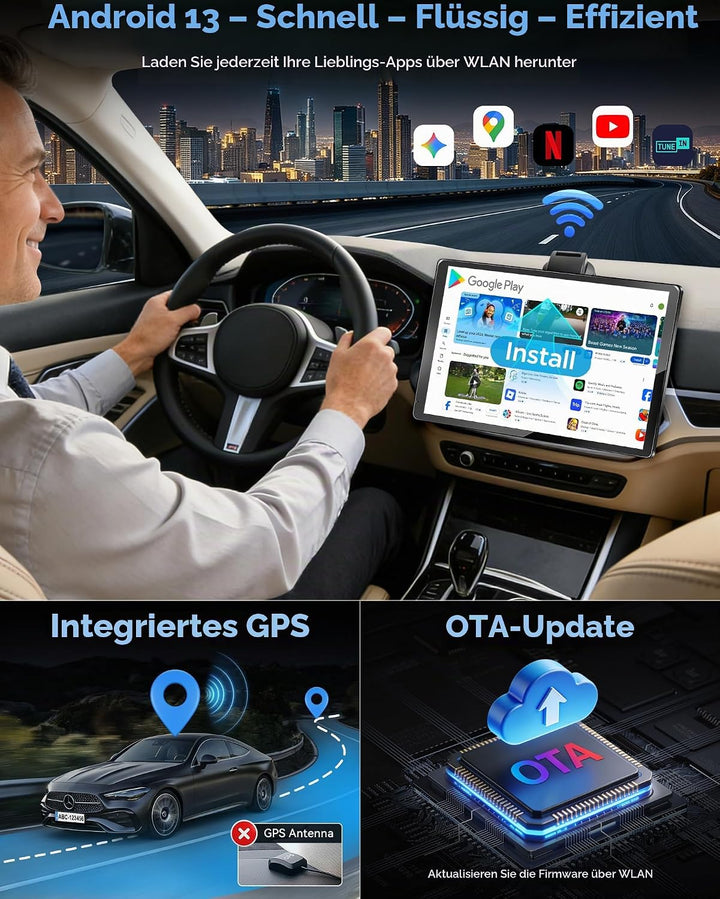 URVOLAX 10,1" Drehbares Apple CarPlay: Android 13 Wireless Android Auto Display mit Google Play - Ma