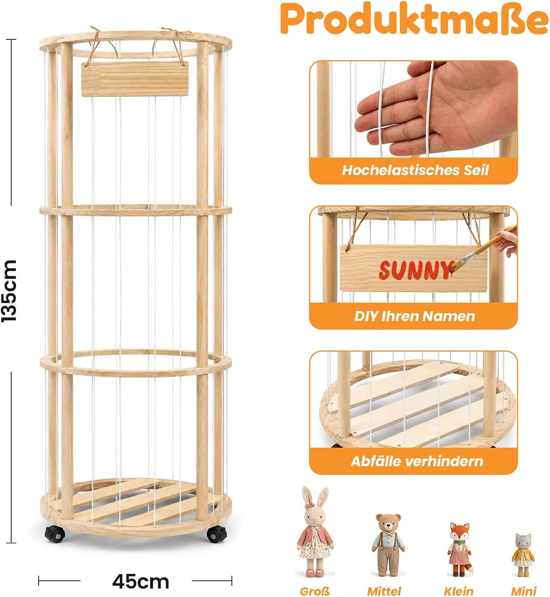 Runde Kuscheltier Aufbewahrung mit Rollen &amp; Bremse – Holz Stofftier Regal mit Zoo Design, 135×45×45