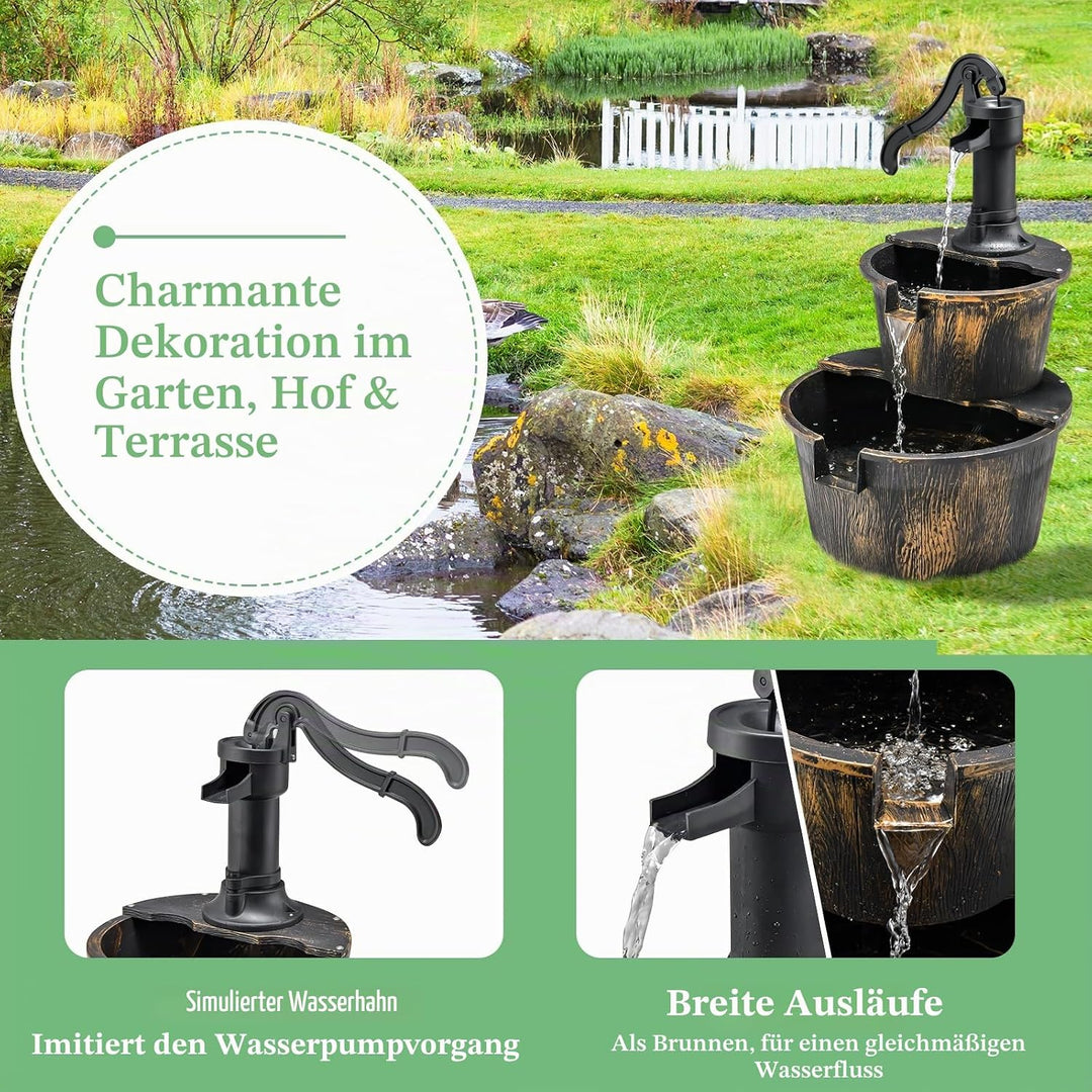 GOPLUS Gartenbrunnen Holz, Springbrunnen Zierbrunnen mit Wasserpumpe, Fassbrunnen Wasserfall, Holzbr