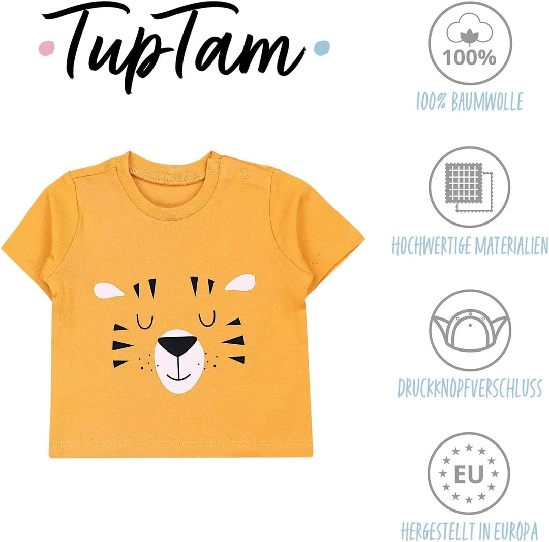 TupTam Baby Jungen Kurzarm T-Shirt mit Aufdruck Unifarben Sterne Streifen 5er Set 80 Löwe Krokodil B