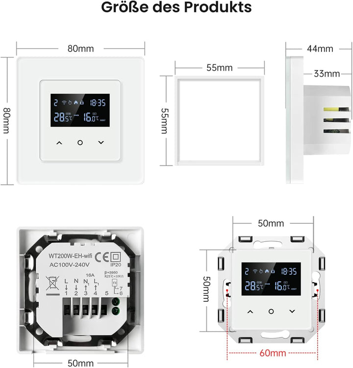 AVATTO Smart WiFi Themrmostat für Elektrische Fussbodenheizung, 55 x 55mm Standard, Programmierbar R