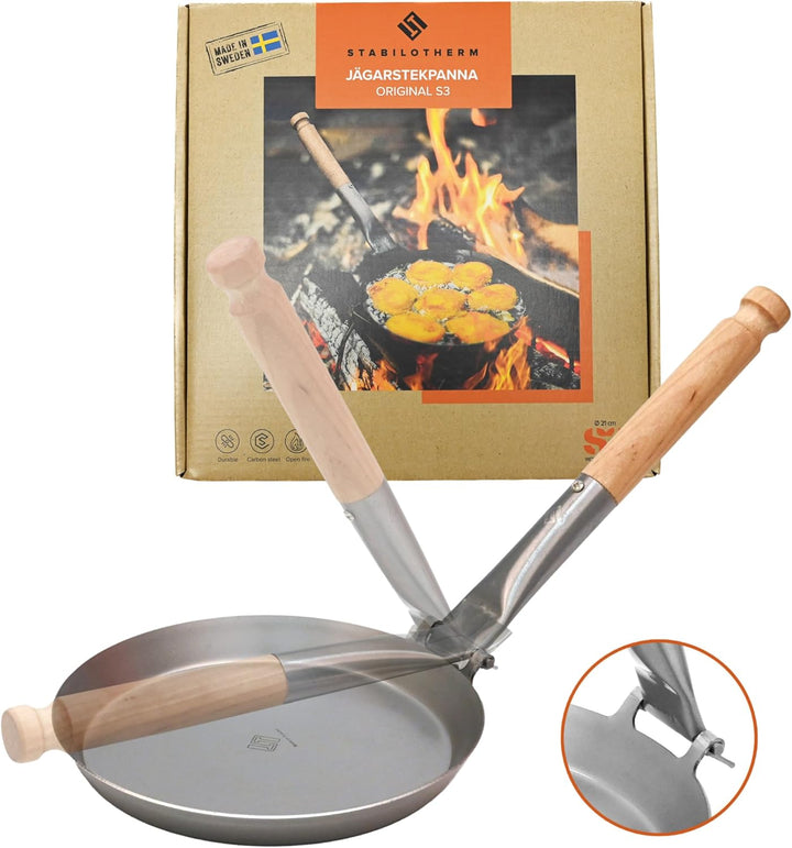 Stabilotherm Jägerpfanne mit Holz Klappgriff | zum Outdoor kochen & braten über offenem Feuer oder G