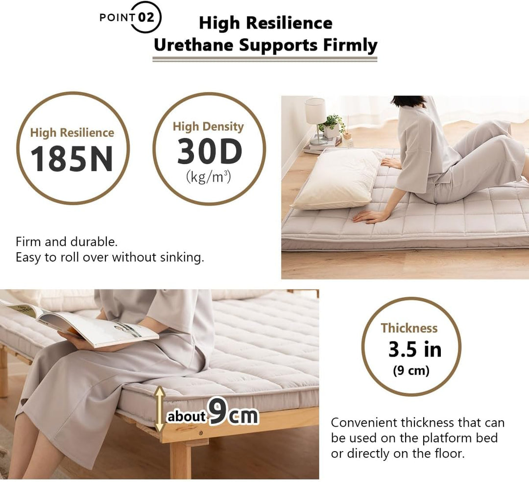 EMOOR Japanische Gepolsterte Futon-Matratze Machi 100 x 202 cm Grau, Zwickel Faltbar Verstaubar Elas