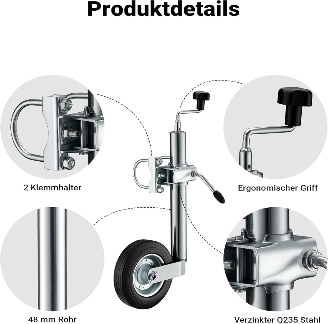 Wiltec Stützrad für Anhänger bis 362 kg ø48 mm, Bugrad inkl. Klemmhalter & Schellen, Abstellstütze m