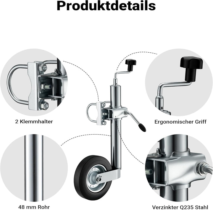 Wiltec Stützrad für Anhänger bis 362 kg ø48 mm, Bugrad inkl. Klemmhalter & Schellen, Abstellstütze m