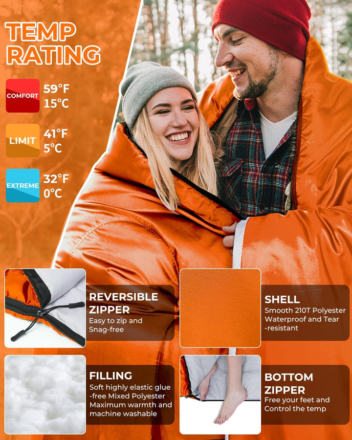 Ohuhu Doppelschlafsack, Schlafsack 2 Personen 220x150cm Schlafsack Outdoor mit 2 Kissen Deckenschlaf