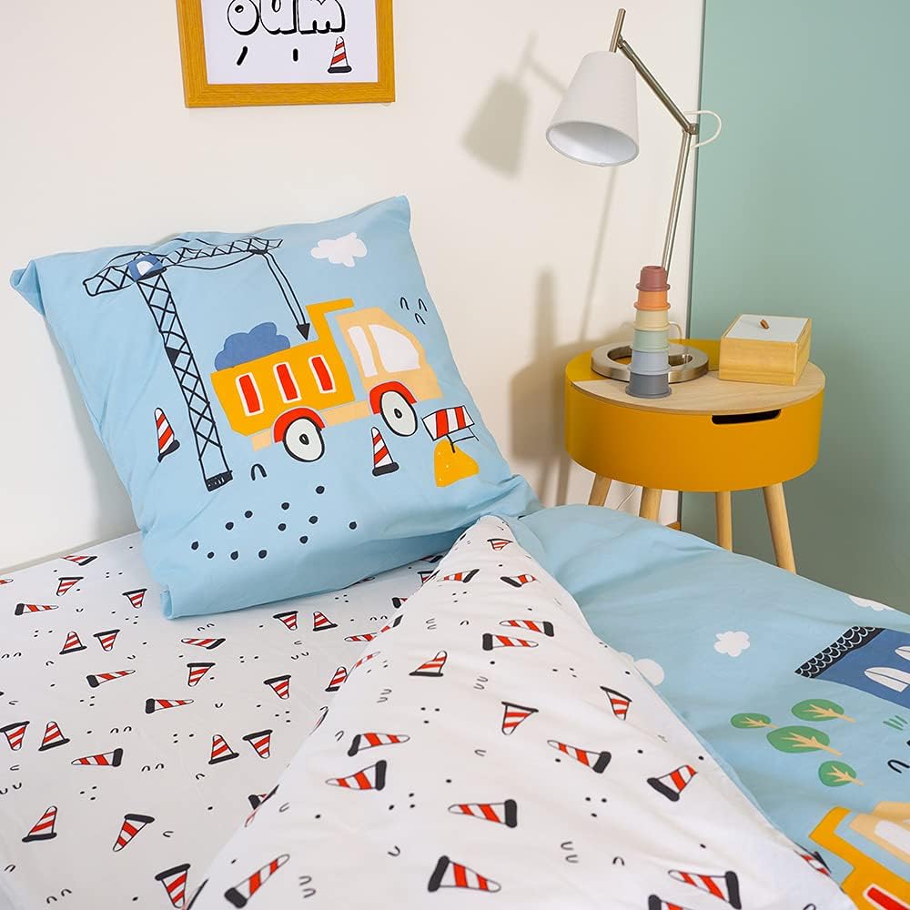 CÔTE DECO Bettwäsche-Set für Kinder, wendbar, LKW und Traktor, Blau, Bettbezug 140 x 200 cm + 1 Kiss