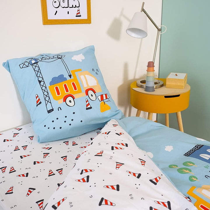 CÔTE DECO Bettwäsche-Set für Kinder, wendbar, LKW und Traktor, Blau, Bettbezug 140 x 200 cm + 1 Kiss