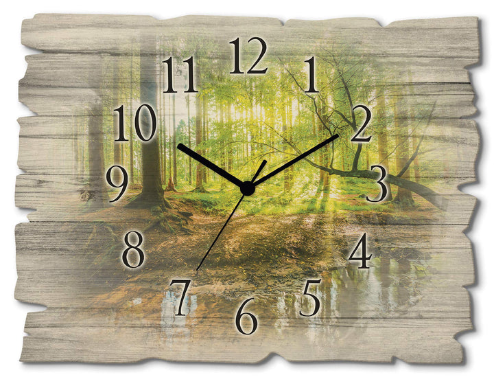ARTLAND Wanduhr ohne Tickgeräusche aus Holz Funkuhr 40x30 cm Rechteckig Lautlos Wald Landschaft Bach
