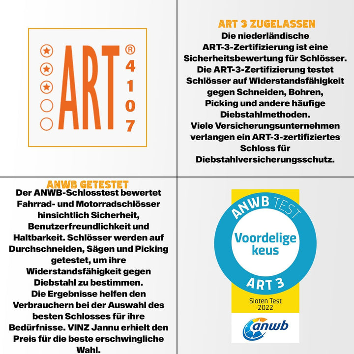 VINZ Jannu Kettenschloss ø10mm | ART 3 Zertifikat | Schloss für Roller E-Scooter Motorrad Moped E-Bi