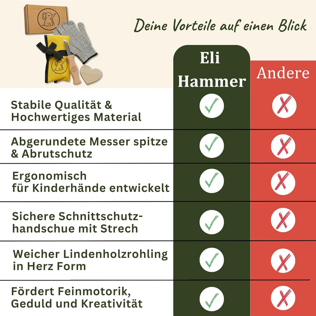 Eli® Schnitzmesser Kinder Set ab 6 Jahre inkl. Schnitzholz und schnittfeste Handschuhe - hochwertige