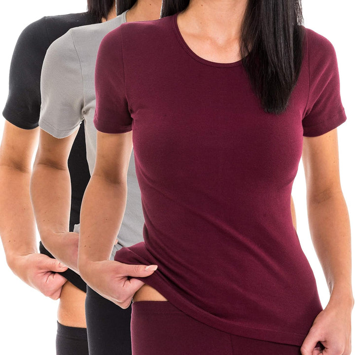 HERMKO 1800 3er Pack Damen Kurzarm Unterhemd aus 100% Bio-Baumwolle 36-38 Bordeaux, 36-38 Bordeaux