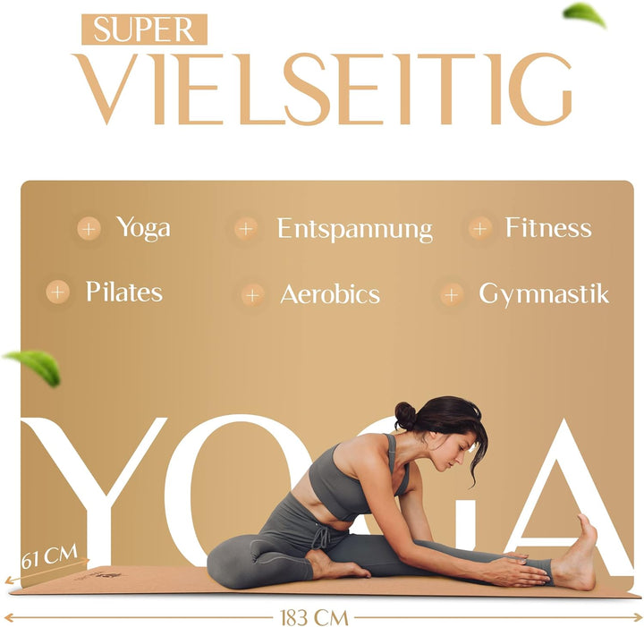 Premium 2-in-1 Yoga-Matte aus Kork & Naturkautschuk inkl. Tragegurt 183 x 61 x 0,4cm (gross) - Gymna