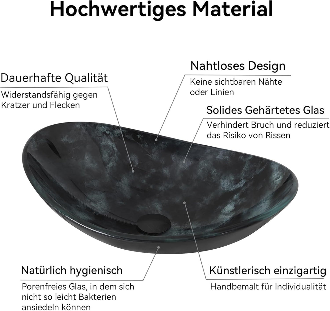 YU YUSING Waschbecken Glas Aufsatzwaschbecken Oval mit Wasserhahn Set, Waschtisch für Badezimmer Küc