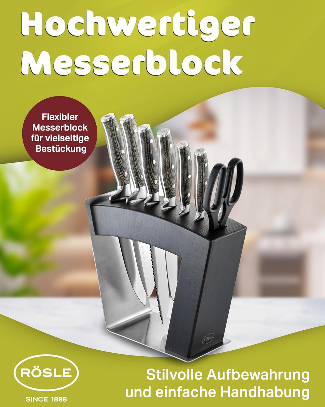 RÖSLE Messerblock MoveX schwarz, Hochwertiger Design-Messerblock aus Edelstahl und Eschenholz, sicht